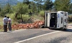 Tuğla yüklü kamyon devrildi