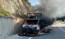 Sinop'ta seyir halindeki kamyonet yandı