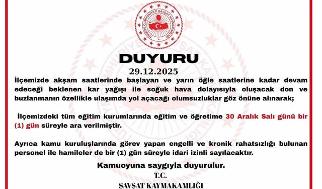 Şavşat'ta Kar Yağışı Nedeniyle Eğitime 1 Gün Ara Verildi