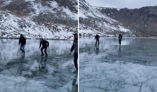 Artvinli Gençler Buz Tutan Karagöl’de Taş Atıp Test Ettiler, Sonra Eğlendiler
