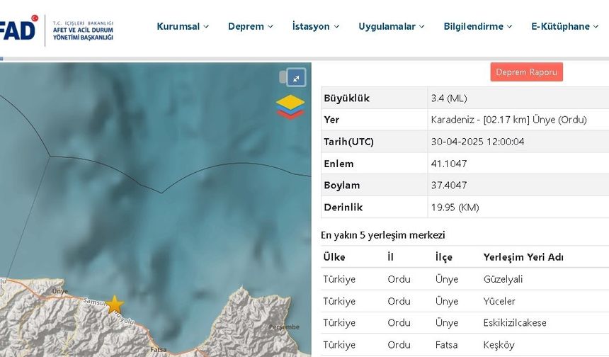 Ordu’da 3.4 Büyüklüğünde Deprem