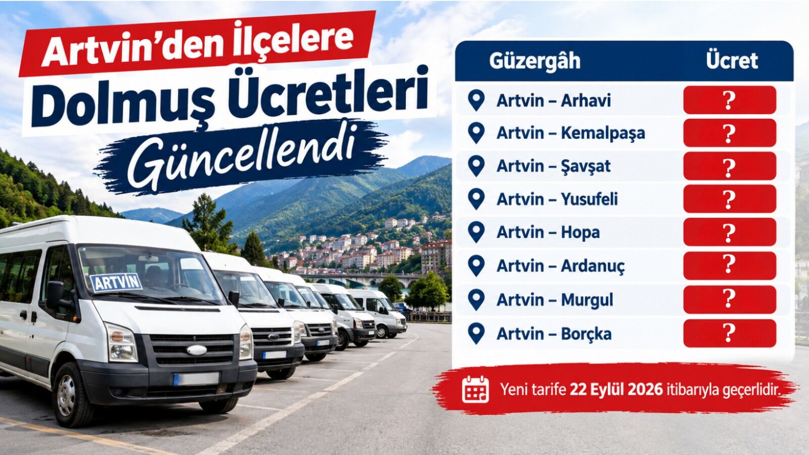 Artvin’den İlçe Dolmuş Ücretleri Güncellendi